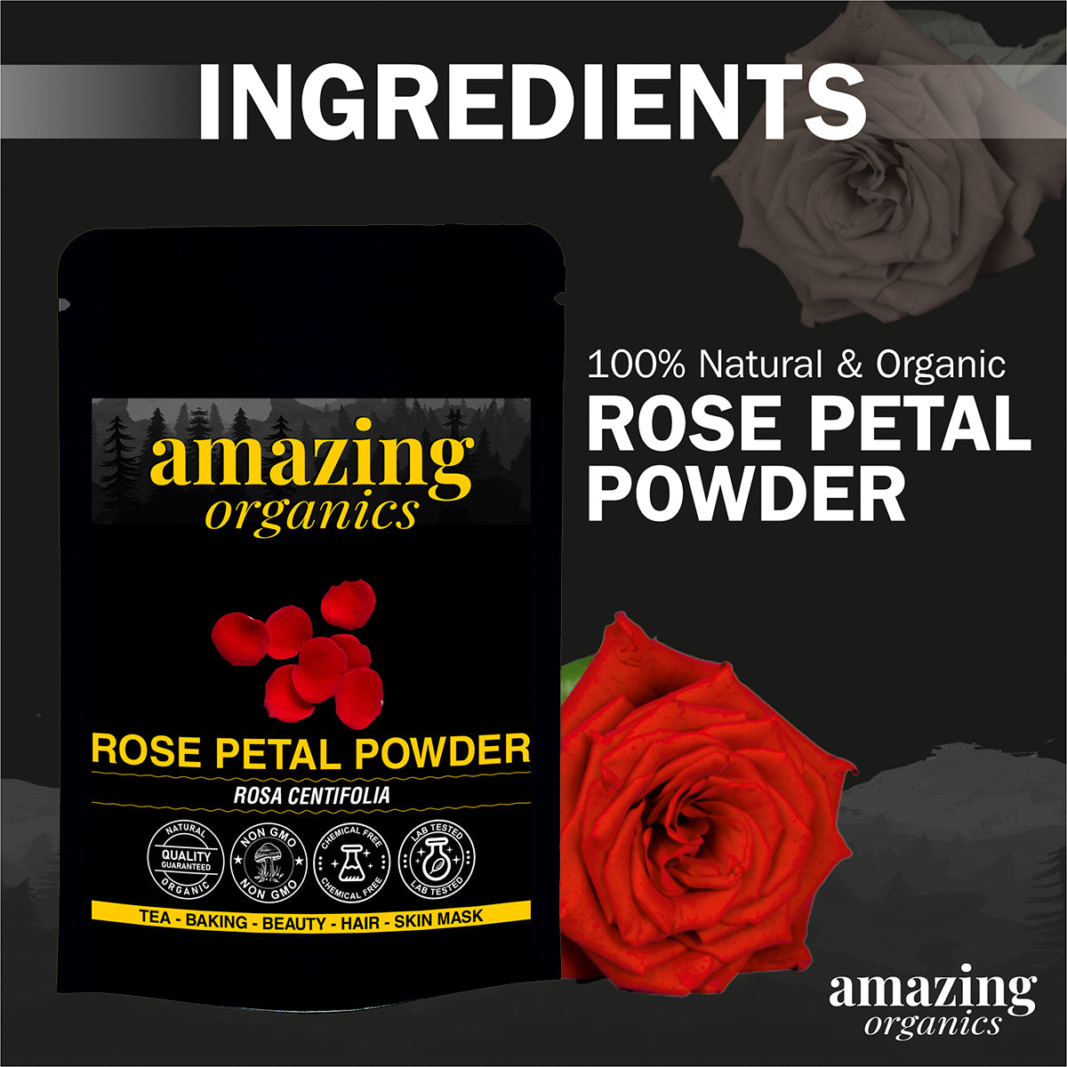 Organic Rose Petal Powder for Skin, Hair & Health